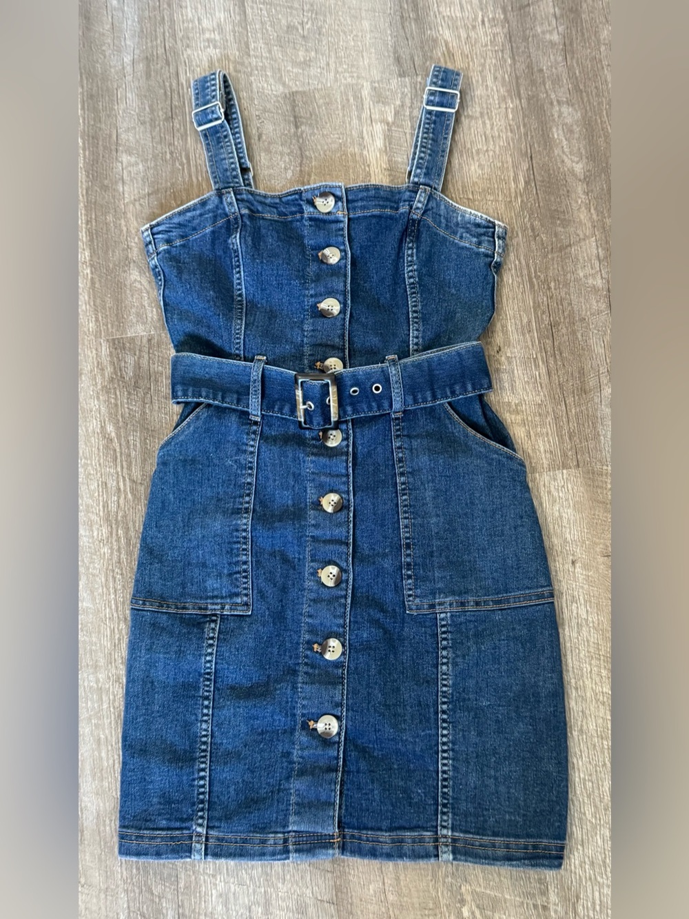 H&M Divided Dark Blue Denim Button-Front Belted Mini Dress with Pockets, Size XS